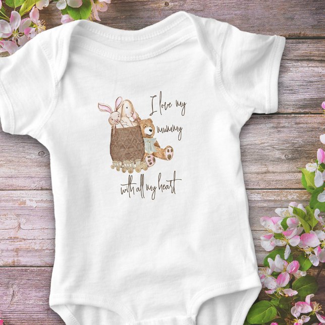 I Kärlek Min mamma Nalle Leksak Basket T Shirt (I love my mummy with all my heart - cute baby vest for Mother's Day, new baby, baby shower gift etc)
