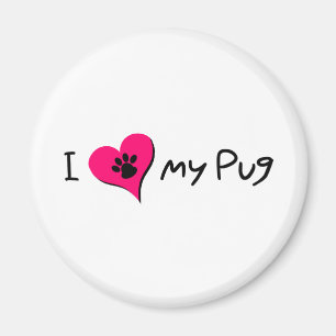 I Kärlek min Pug-citat med Paw-utskrift på Rosa He Magnet