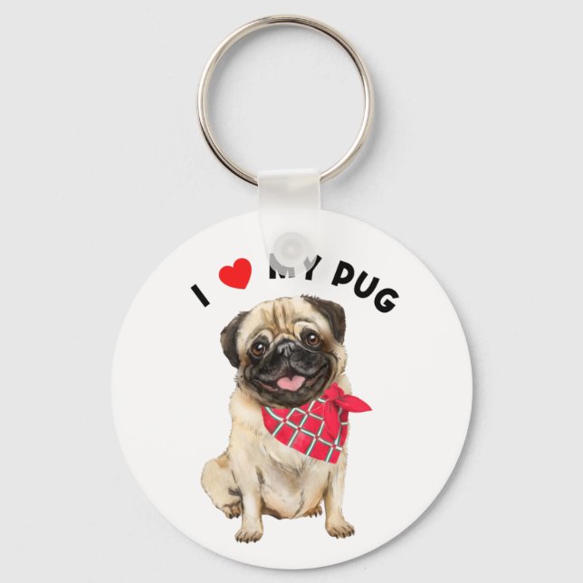 I Kärlek min Pug Cute Pug Puppy Hund med Scarf Art Nyckelring (Framsida)