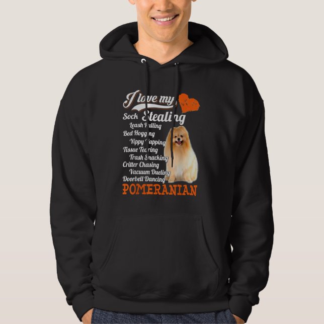 I Kärlek min sock Stealing Leash Pulling Pomerania Hoodie (Framsida)