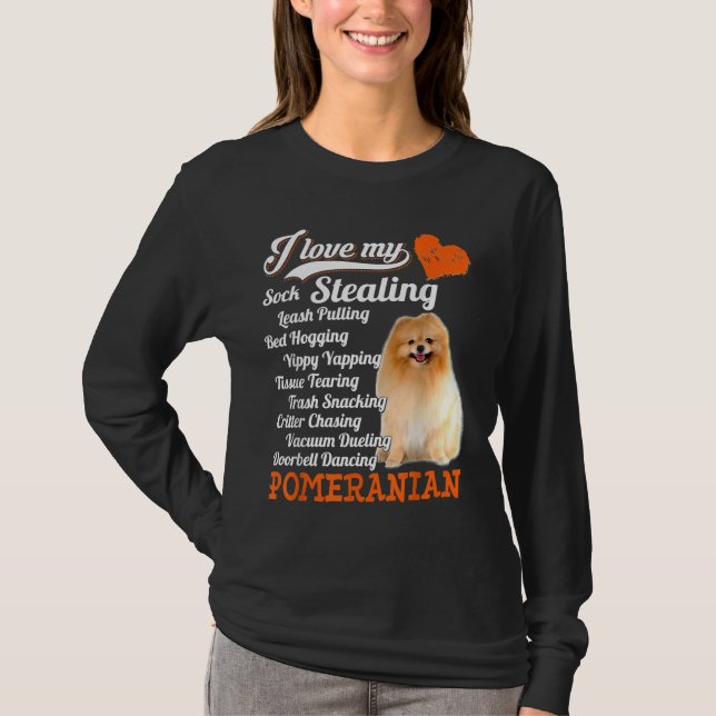 I Kärlek min sock Stealing Leash Pulling Pomerania T Shirt (Framsida)