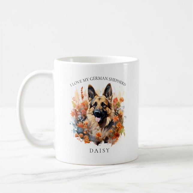 I Kärlek Min tyska Shepherd Blommigt Hund Porträtt Kaffemugg (Vänster)