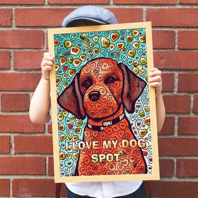 I Kärlek min Vuxen Coloring Poster (I Love My Dog Adult Coloring Poster being held up by a little boy covering his face. )