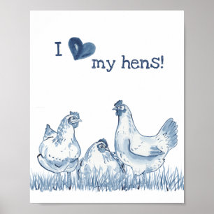 I Kärlek, mina höns, blå kyckling Målning Rustic D Poster