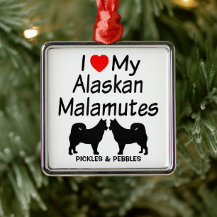 I Kärlek Mina två Alaska Malamute Hundar Julgransprydnad Metall