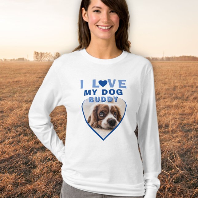 I kärlek mitt Hund Blue Heart Photo Pet Namn T Shirt (Skapare uppladdad)