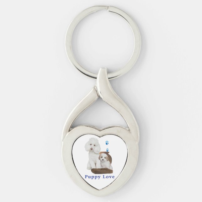 I kärlek mitt Pudel Twisted Heart Silverfärgad Nyckelring (Framsidan)