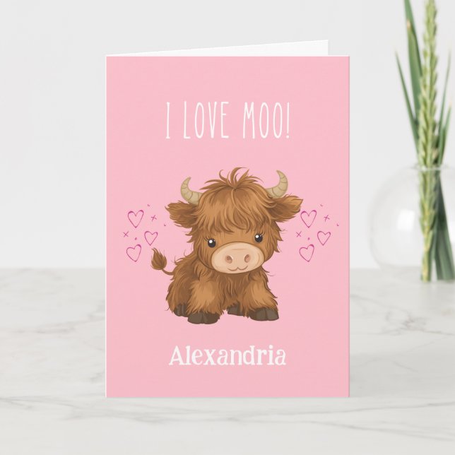I kärlek Moo Highland Cow Valentine Helgkort (Framsida)