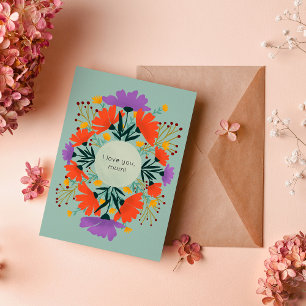I kärlek, morsa lila och orange blommigt kort