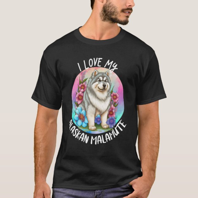 I Kärlek My Alaska Malamute Hund Flowers Puppy F T Shirt (Framsida)