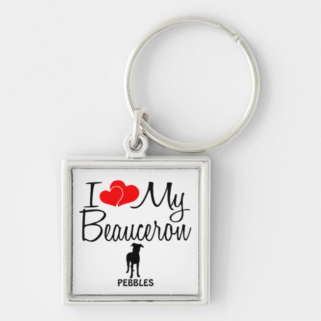 I Kärlek My Beauceron Hund Fyrkantig Silverfärgad Nyckelring (Framsidan)