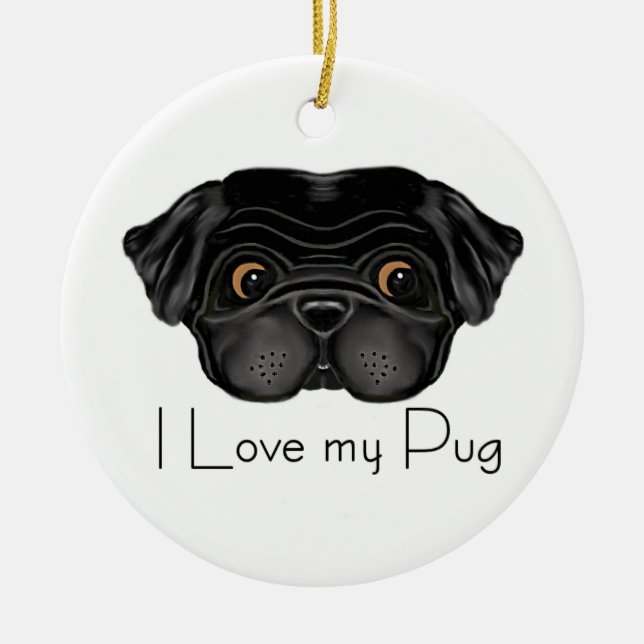 I Kärlek My Black Pug Cute Black Pug and Kärlek Qu Julgransprydnad Keramik (Framsidan)