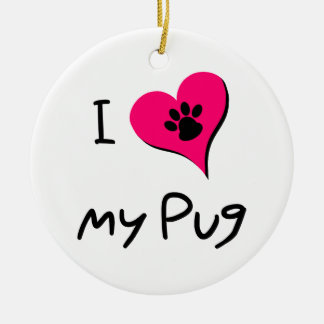 I Kärlek My Black Pug Paw Skriv ut på Rosa Heart Julgransprydnad Keramik