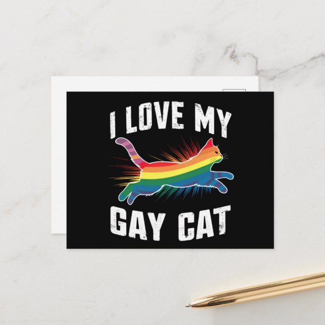 I Kärlek My Gay Cat Funny Rainbow Pride Lgbt Vykort (Fram/Back In Situ)
