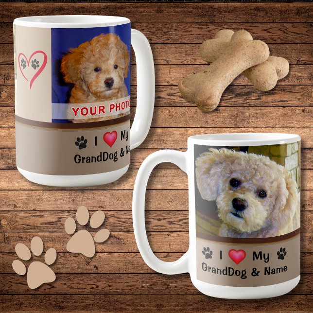 I Kärlek My GrandDog Mugg med dina 2 foton och tex (I love my granddog mug. Great gifts for dog lovers. Personalized coffee mug with dog picture. Doggie)