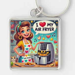 I Kärlek My Luft Fryer - Cute Cooking Design Fyrkantig Silverfärgad Nyckelring
