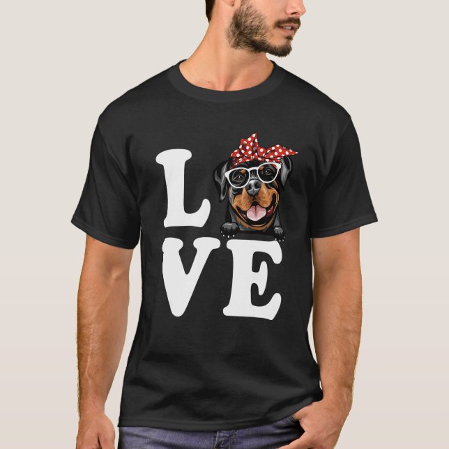I Kärlek My Rottweiler Bandana Sunglasses Hundälsk T Shirt (Framsida)