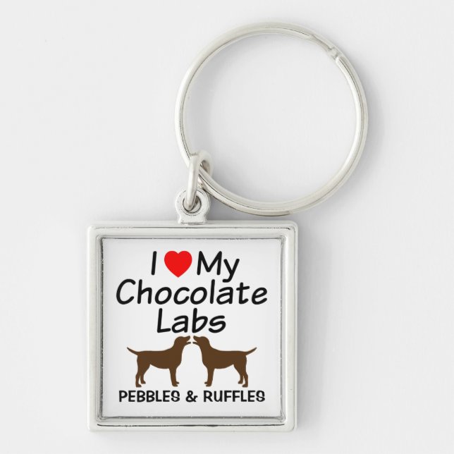 I Kärlek My Two Chocolate Lab Hundar Keychain Fyrkantig Silverfärgad Nyckelring (Framsidan)