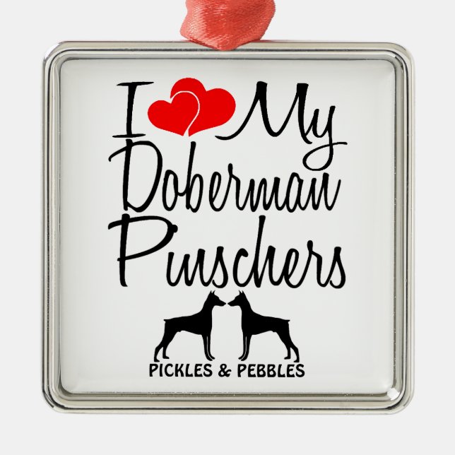 I Kärlek My Two Doberman Pinscher Hundar Julgransprydnad Metall (Framsidan)