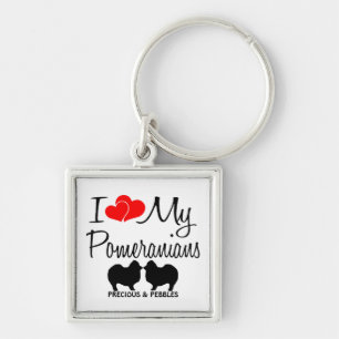 I Kärlek My Two Pomeranians Anpassningsbar Keychai Fyrkantig Silverfärgad Nyckelring
