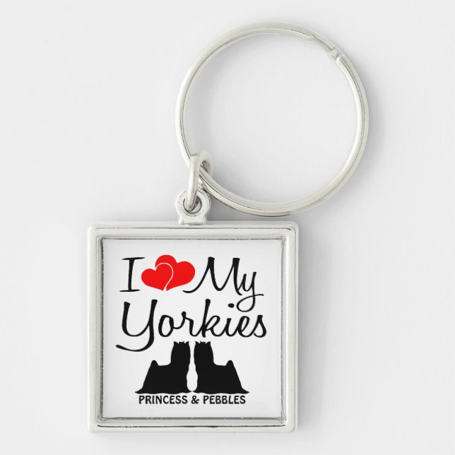 I Kärlek My Two Yorkies Anpassningsbar Keychain Fyrkantig Silverfärgad Nyckelring (Framsidan)