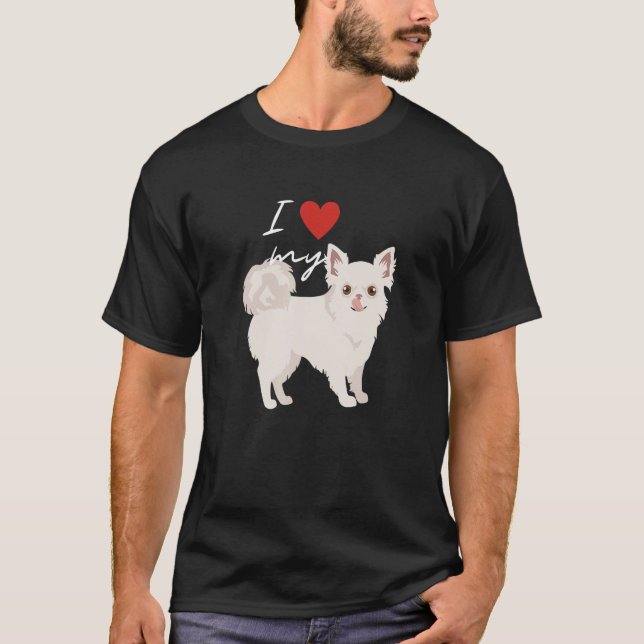 I Kärlek My White Långhårig Chihuahua Hund T Shirt (Framsida)