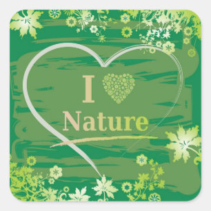 I Kärlek Natur Heart Text and Flowers - Grönt Fyrkantigt Klistermärke