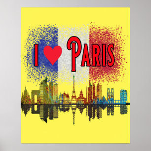 I Kärlek Paris Skyline Fransk Flagga Wall Art Post Poster