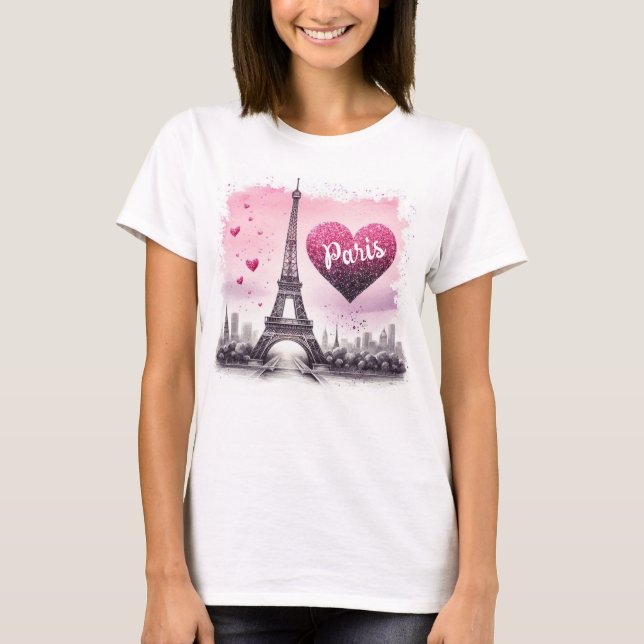 I Kärlek Paris Watercolor Mode T Shirt (Framsida)