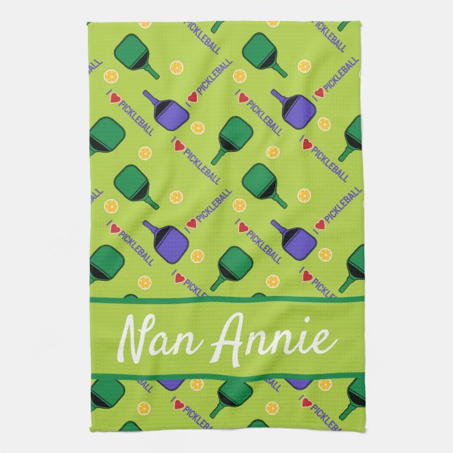 I kärlek Pickleball grönt Kökshandduk (Vertikal)