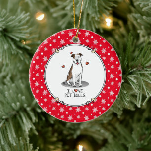 I Kärlek Pit Bulls (lt brindle white 3) Hearts Cut Julgransprydnad Keramik