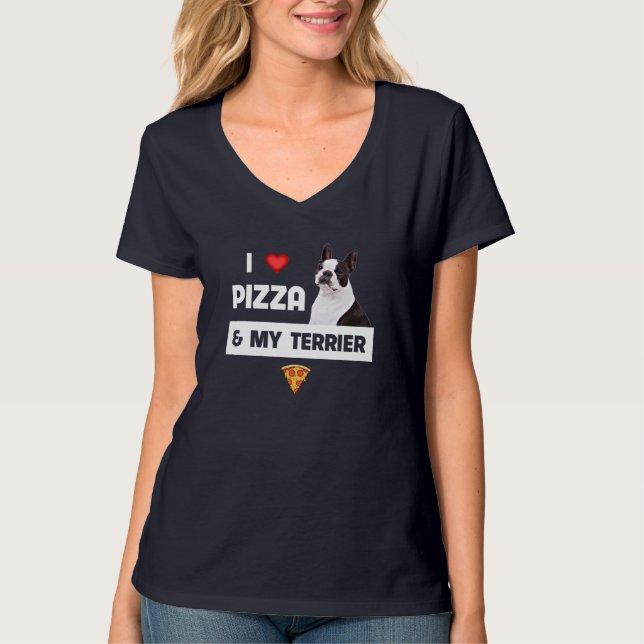 I Kärlek Pizza och My Boston Terrier Hund Pepperon T Shirt (Framsida)