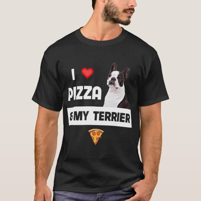 I Kärlek Pizza och My Boston Terrier Hund Pepperon T Shirt (Framsida)