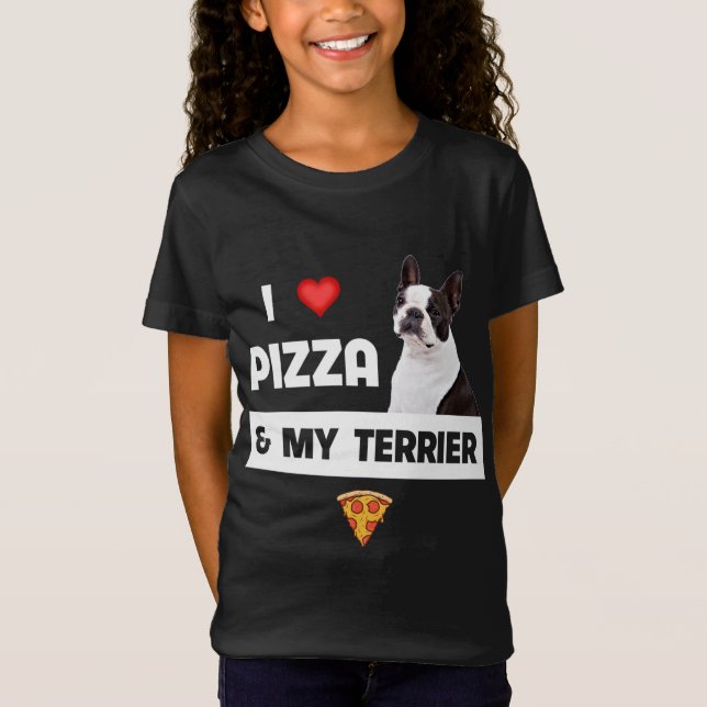 I Kärlek Pizza och My Boston Terrier Hund Pepperon T Shirt (Framsida)