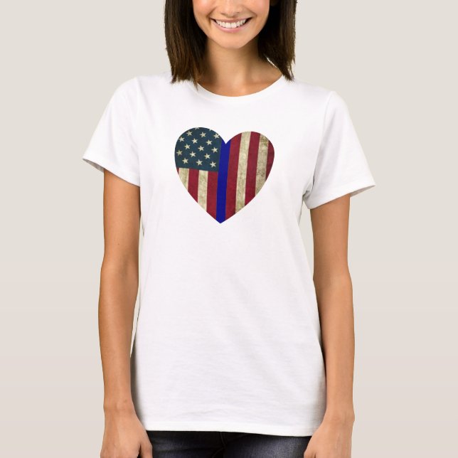 I Kärlek polis Thin Blue Line American Heart Flagg T Shirt (Framsida)