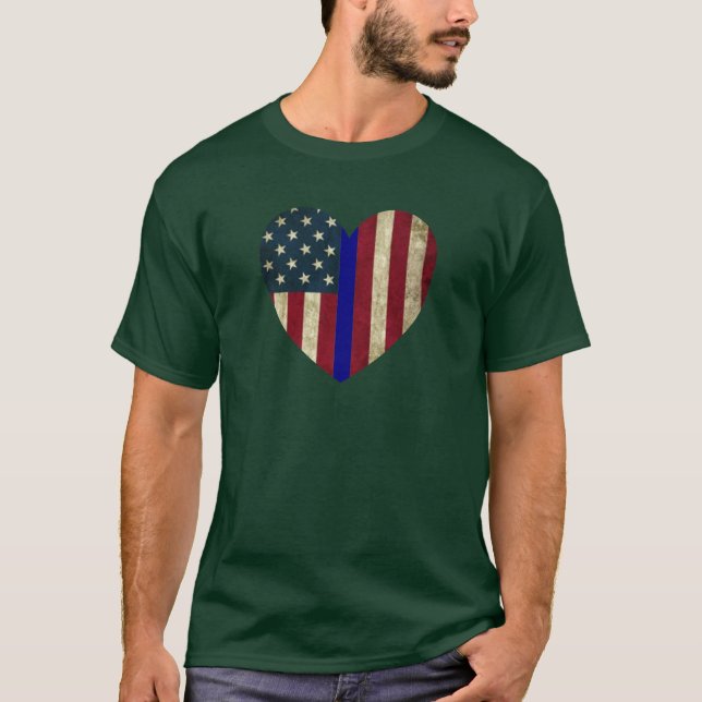 I Kärlek polis Thin Blue Line American Heart Flagg T Shirt (Framsida)