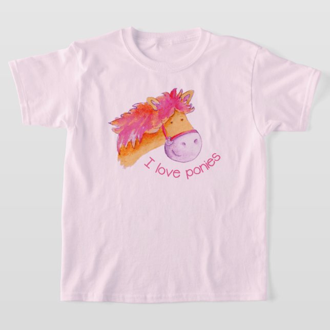 I kärlek ponies stollig horsey rosa orange tee shirt (Laydown)