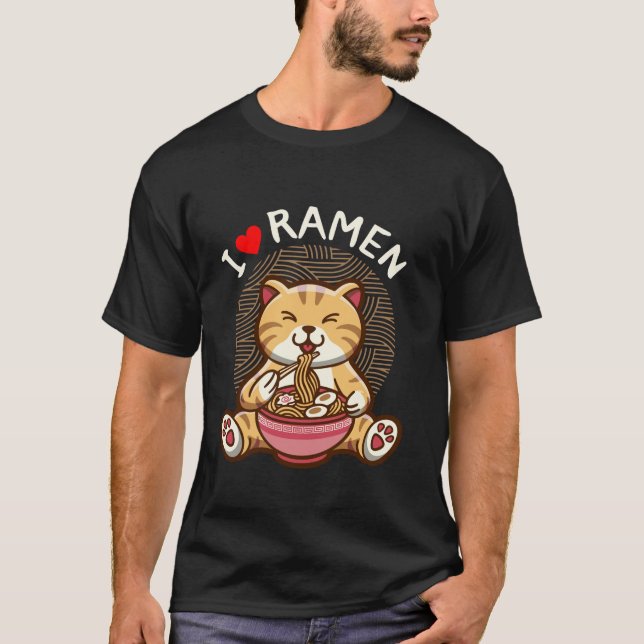 I Kärlek Ramen Kawaii Cat Enjoy Eating Noodle Tee (Framsida)