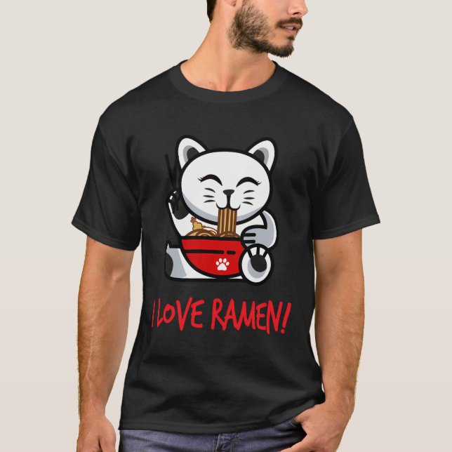 I Kärlek Ramen Noodle Cat Women Tonåring flickpojk T Shirt (Framsida)