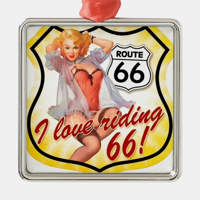I Kärlek Ridding Route 66 Pin Up Girl Julgransprydnad Metall (Framsidan)