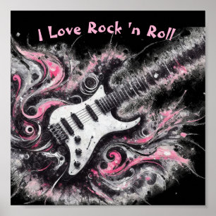 I Kärlek Rock N Roll Electric Guitar Rosa Black Poster