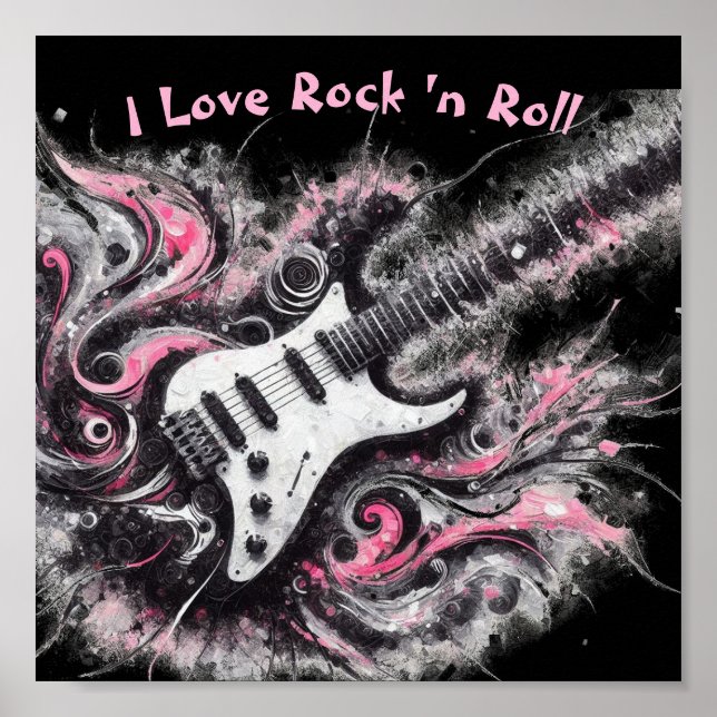 I Kärlek Rock N Roll Electric Guitar Rosa Black Poster (Framsidan)