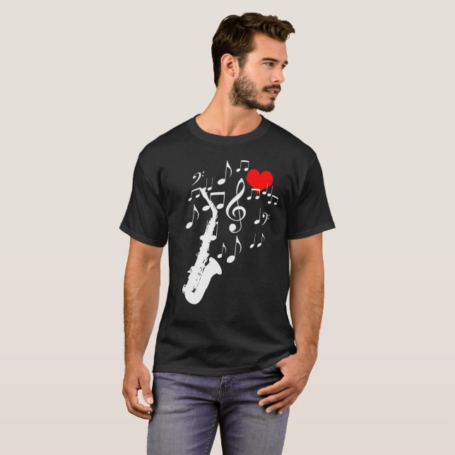 I Kärlek Saxophone Music svart lustigt T-shirt (Hel framsida)