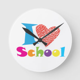 I Kärlek School. back to school. Tecknad T-Shirt Rund Klocka