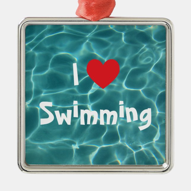 I Kärlek Swimming Red Heart med Aqua Bassäng Vatte Julgransprydnad Metall (Framsidan)