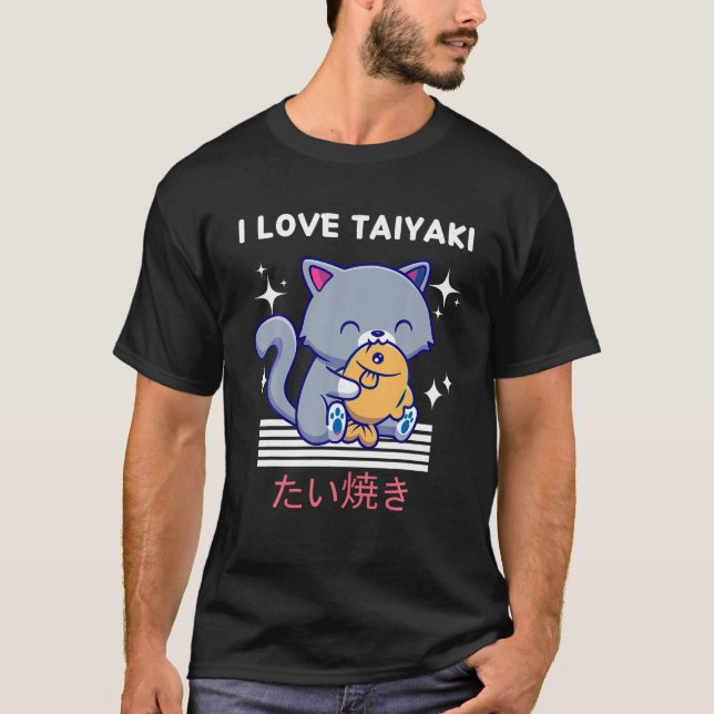 I Kärlek Taiyaki Cute Kawaii Cat Eats Taiyaki Japa T Shirt (Framsida)