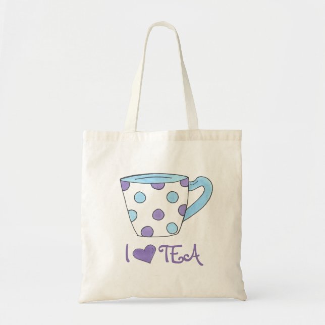 I Kärlek Tea Lila/Blue Polka Dot Tekopp Tote Tygkasse (Framsidan)