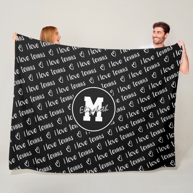 I kärlek-tennis-text hjärtar svart vit ANY färg Fleecefilt (På plats)