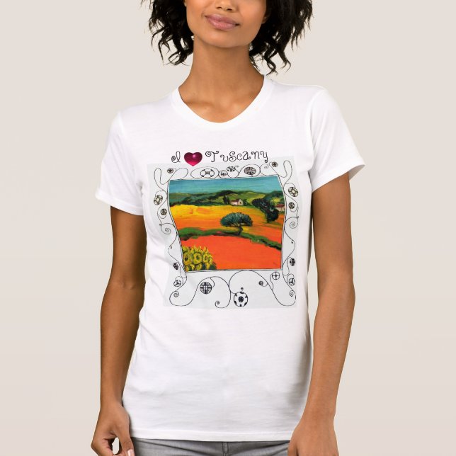 I KÄRLEK TUSCANY, SUNFLÖDEN OCH ORANGE FÄLT T SHIRT (Framsida)