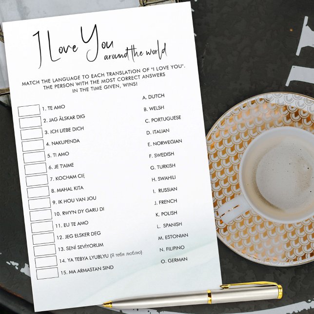 I Kärlek Tvättar du en mjuk Grönt för översättning (15 different ways to say "I love you" for your guests to try and match with the right language.)